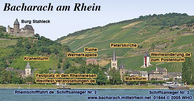 Bacharach am Rhein mit Burg Stahleck, Wehrtrmen, Ruine der Wernerkapelle und Peterskirche.