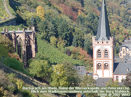 Bacharach am Rhein, Ruine der Wernerkapelle und Peterskirche. Blick vom Stadtmauerrundweg Bacharach unterhalb der Burg Stahleck.