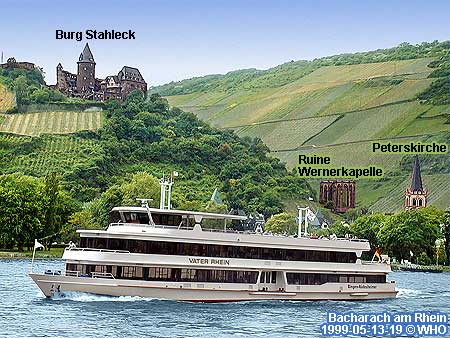 Bacharach am Rhein mit Burg Stahleck, Ruine Wernerkapelle und Peterskirche.
