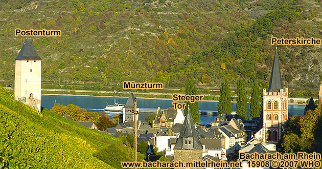 Bacharach am Rhein  Postenturm in den Weinbergen, Mnzturm, Steeger Tor und Peterskirche