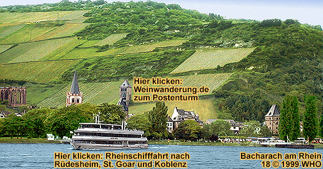 Bacharach am Rhein, Ruine Wernerkapelle, Peterskirche, Postenturm, Marktturm und Münzturm. Rheinschifffahrt von Rüdesheim und Bingen entlang Bacharach und der Loreley nach St. Goar zur Burg Rheinfels (oder umgekehrt).