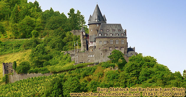 Burg Stahleck oberhalb von Bacharach am Rhein von der rechten Rheinseite.